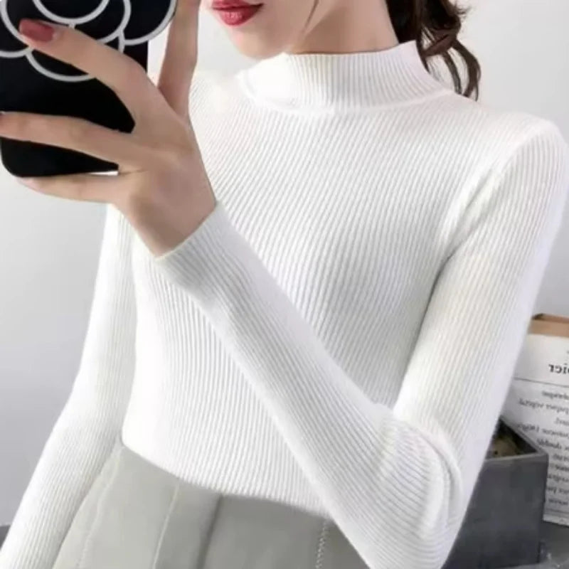 Autumn Winter Mock Neck Women Sweater Vintage Basic