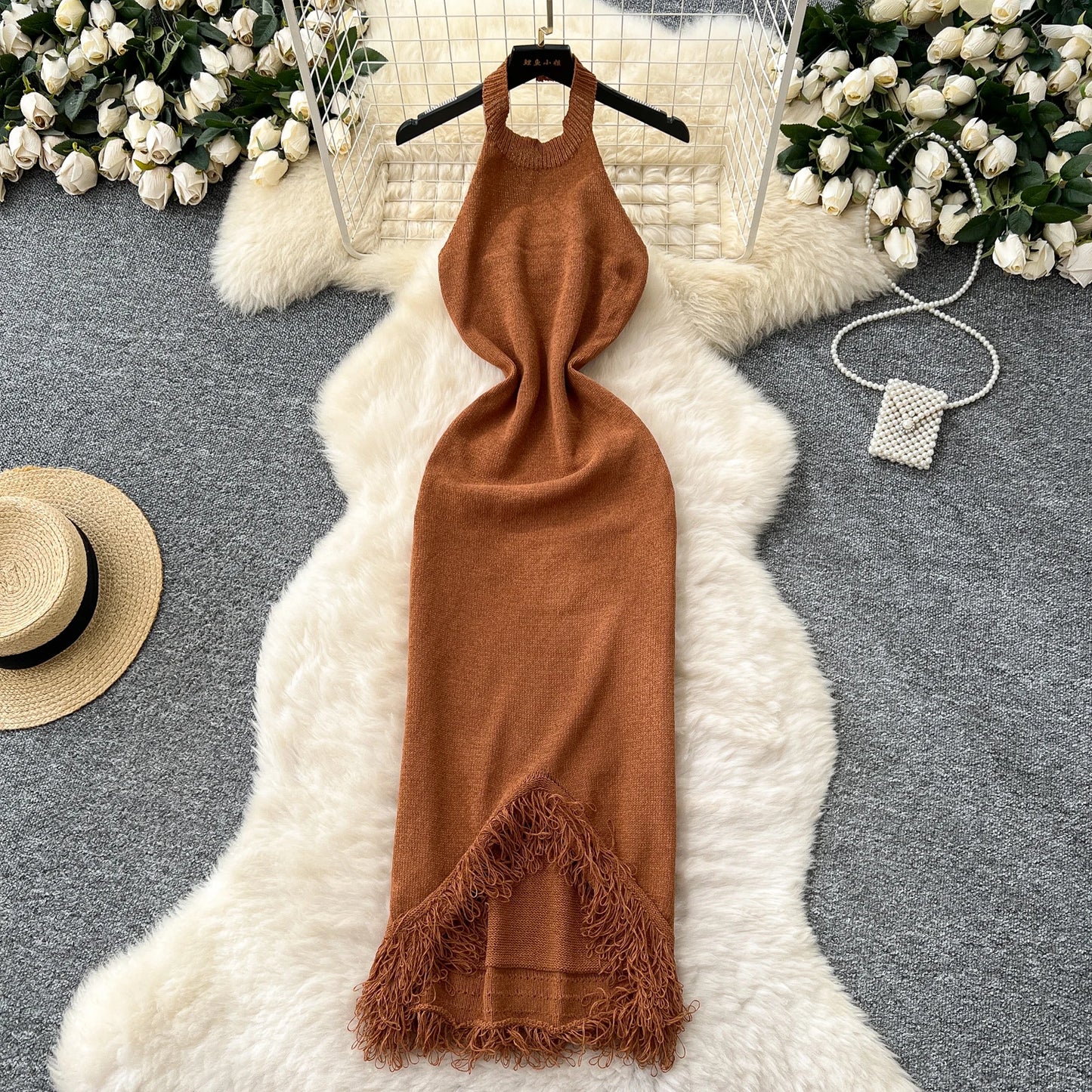 Sexy Halter Tassels Split Sleeveless Bodycon