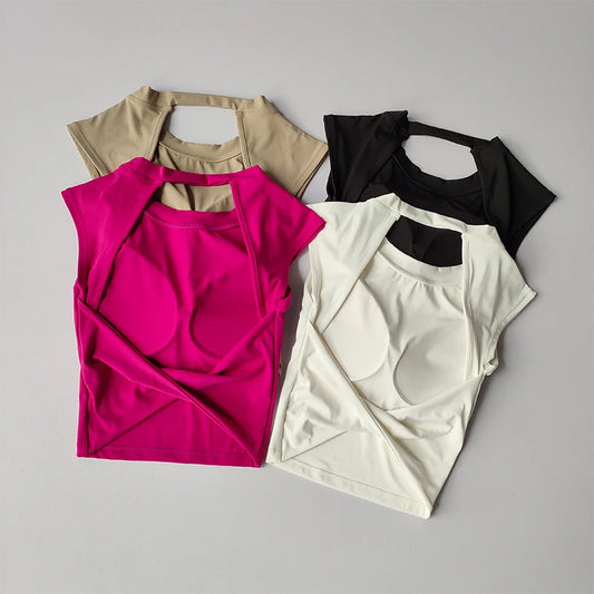 Sexy Short Backless Fixed Chest Pad Sports T-shirt