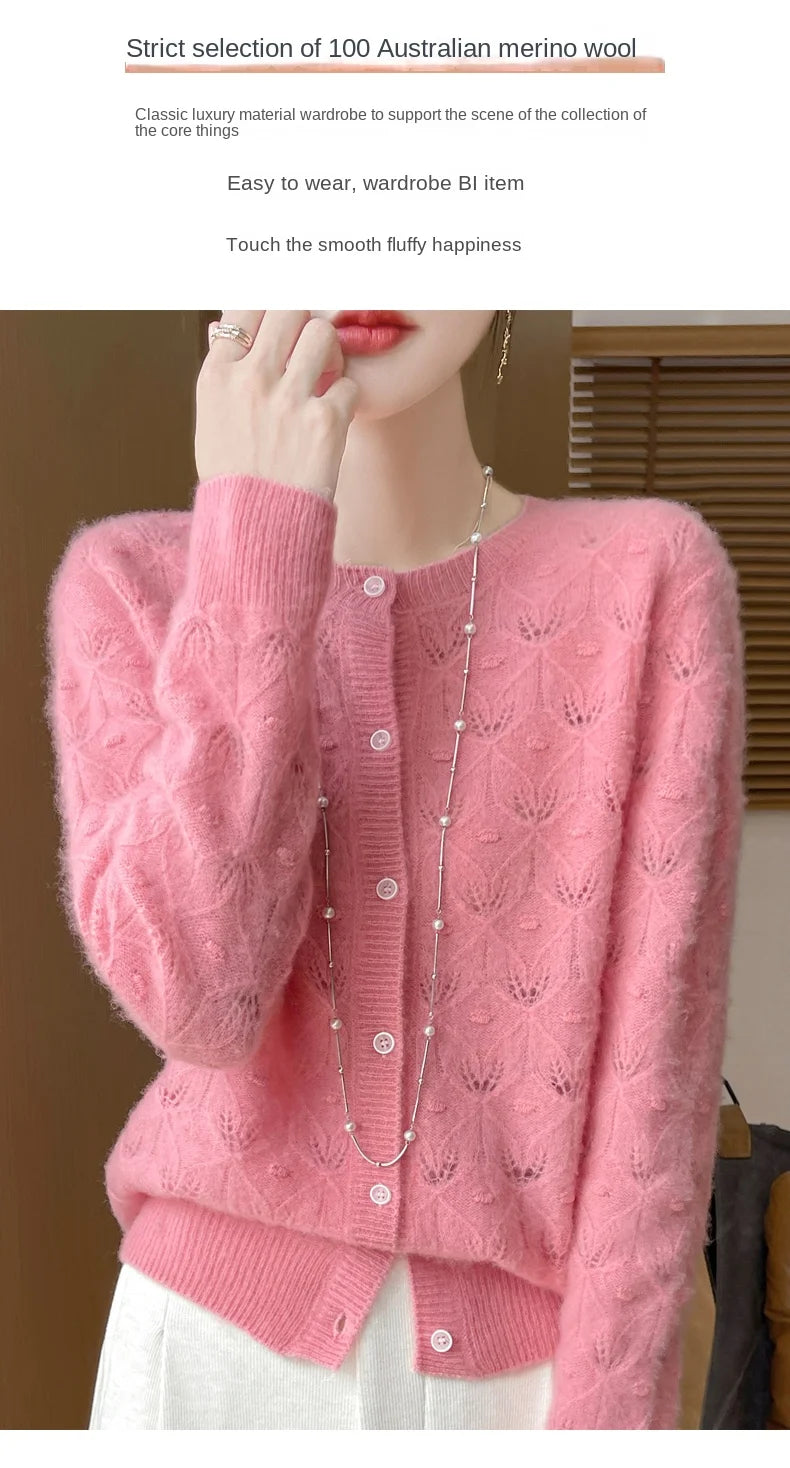 Round Neck Hollowed Out 100 Wool Knitted Cardigan