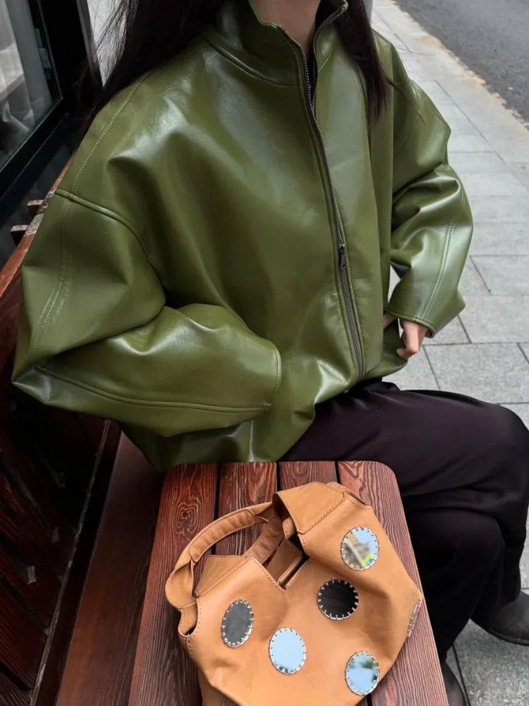 Olive Green Solid Leather Jacket