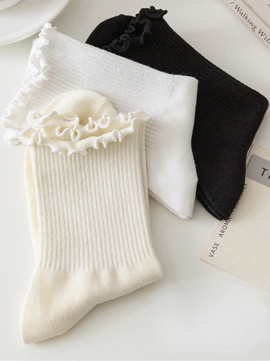 5 pair /Lot Socks for Women Ruffle Cotton Middle Tube Ankle