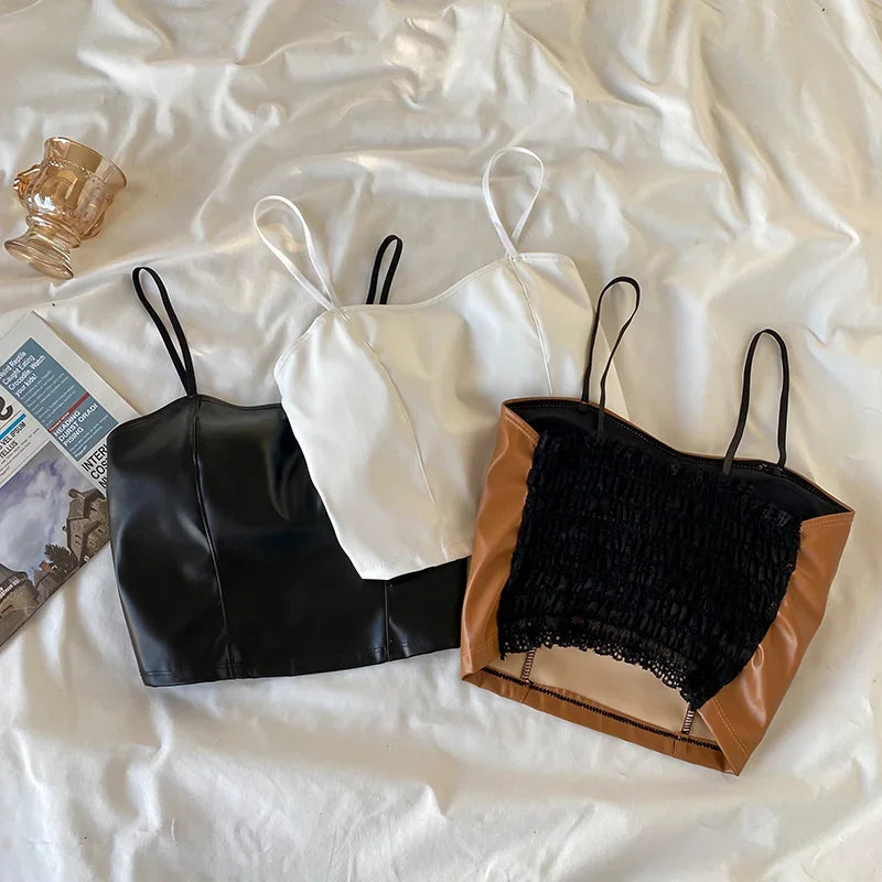 Women PU leather camis underwear padded bra