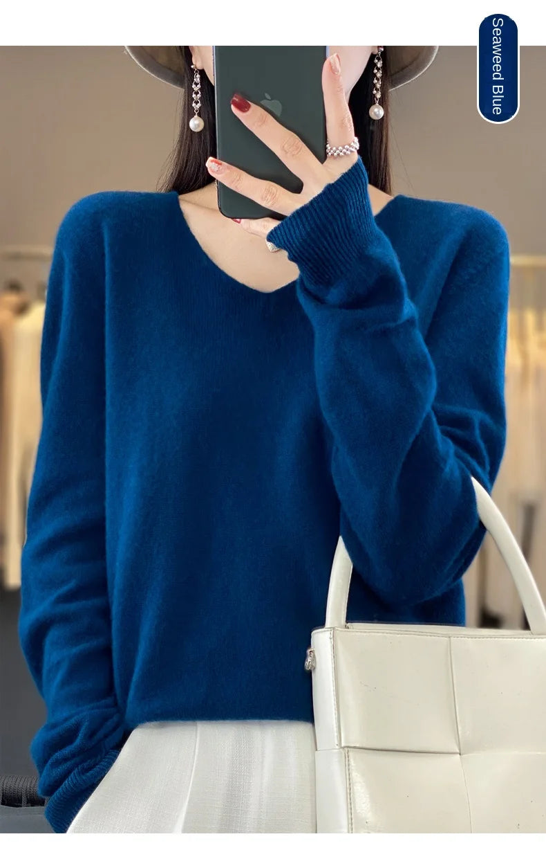 Merino Pure Wool V-neck Autumn And Winter Pullover Sweater