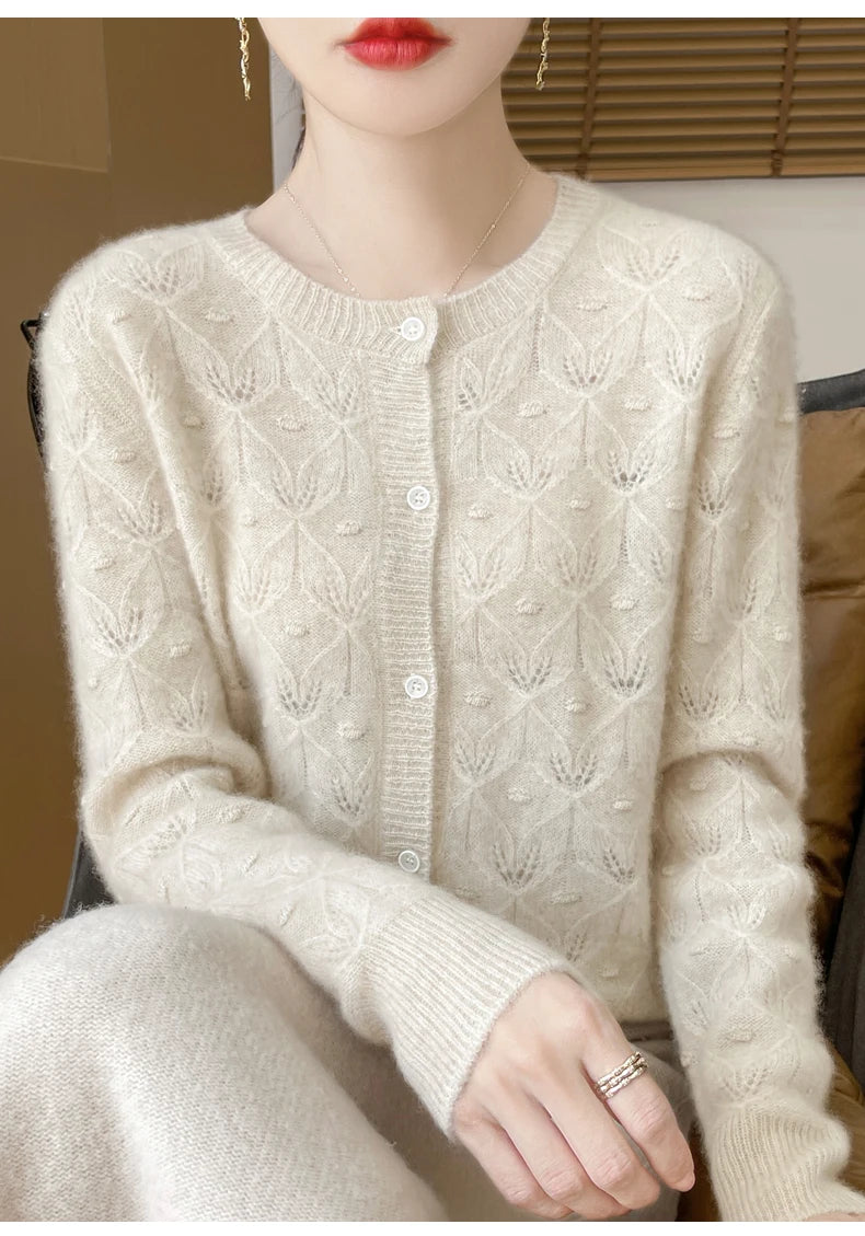 Round Neck Hollowed Out 100 Wool Knitted Cardigan