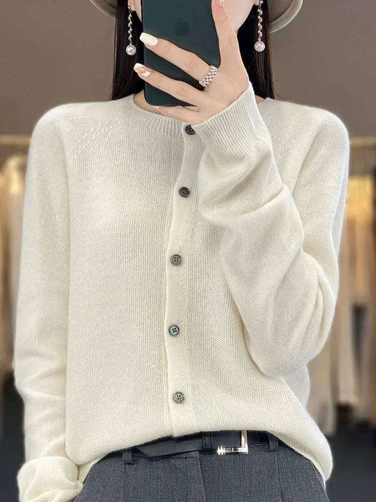 Cardigan Sweater O-Neck Button 100% Merino Wool