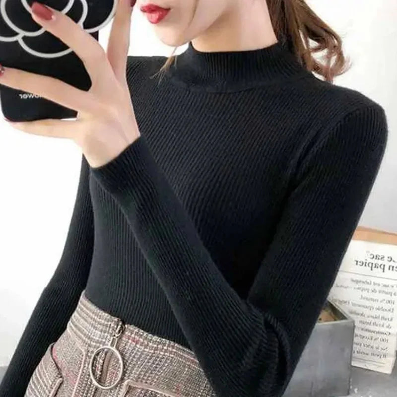 Autumn Winter Mock Neck Women Sweater Vintage Basic
