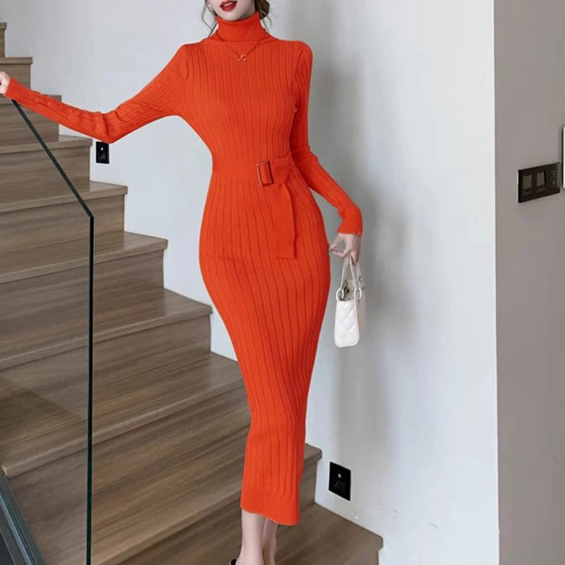 Maxi Dress 2024 Autumn Winter Turtleneck Sweater Dress