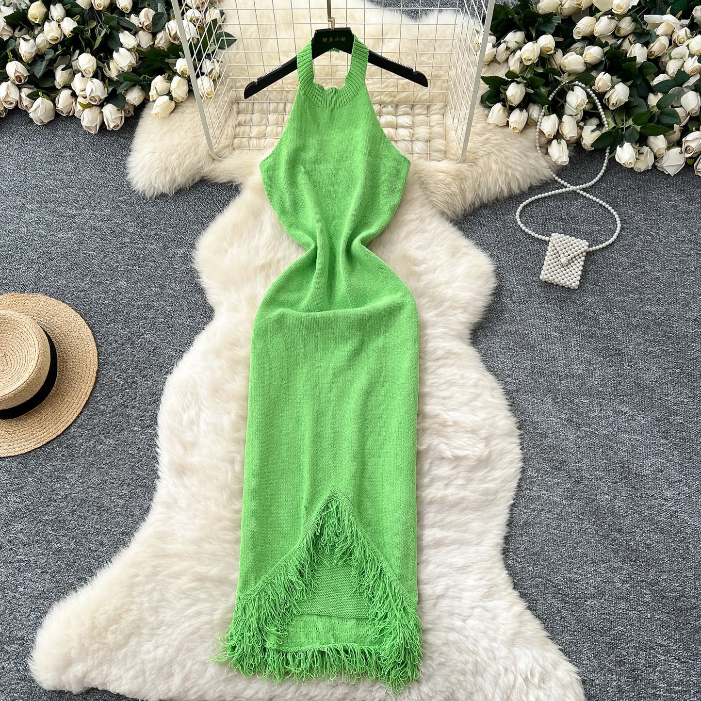 Sexy Halter Tassels Split Sleeveless Bodycon