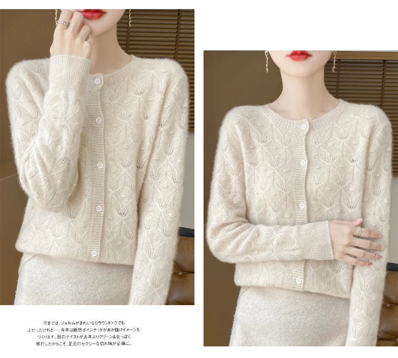 Round Neck Hollowed Out 100 Wool Knitted Cardigan