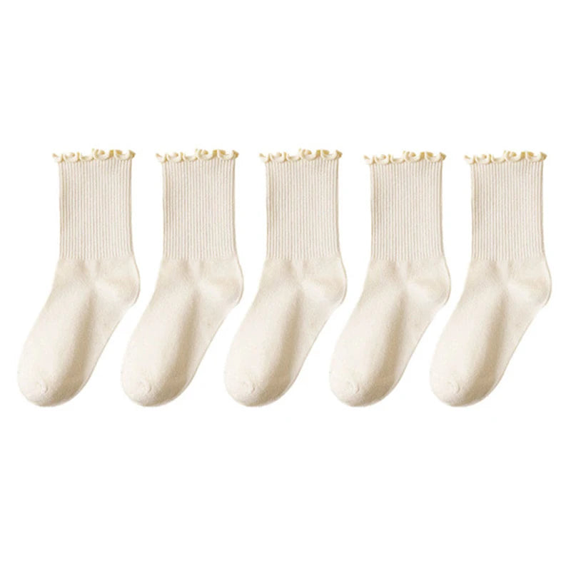 5 pair /Lot Socks for Women Ruffle Cotton Middle Tube Ankle
