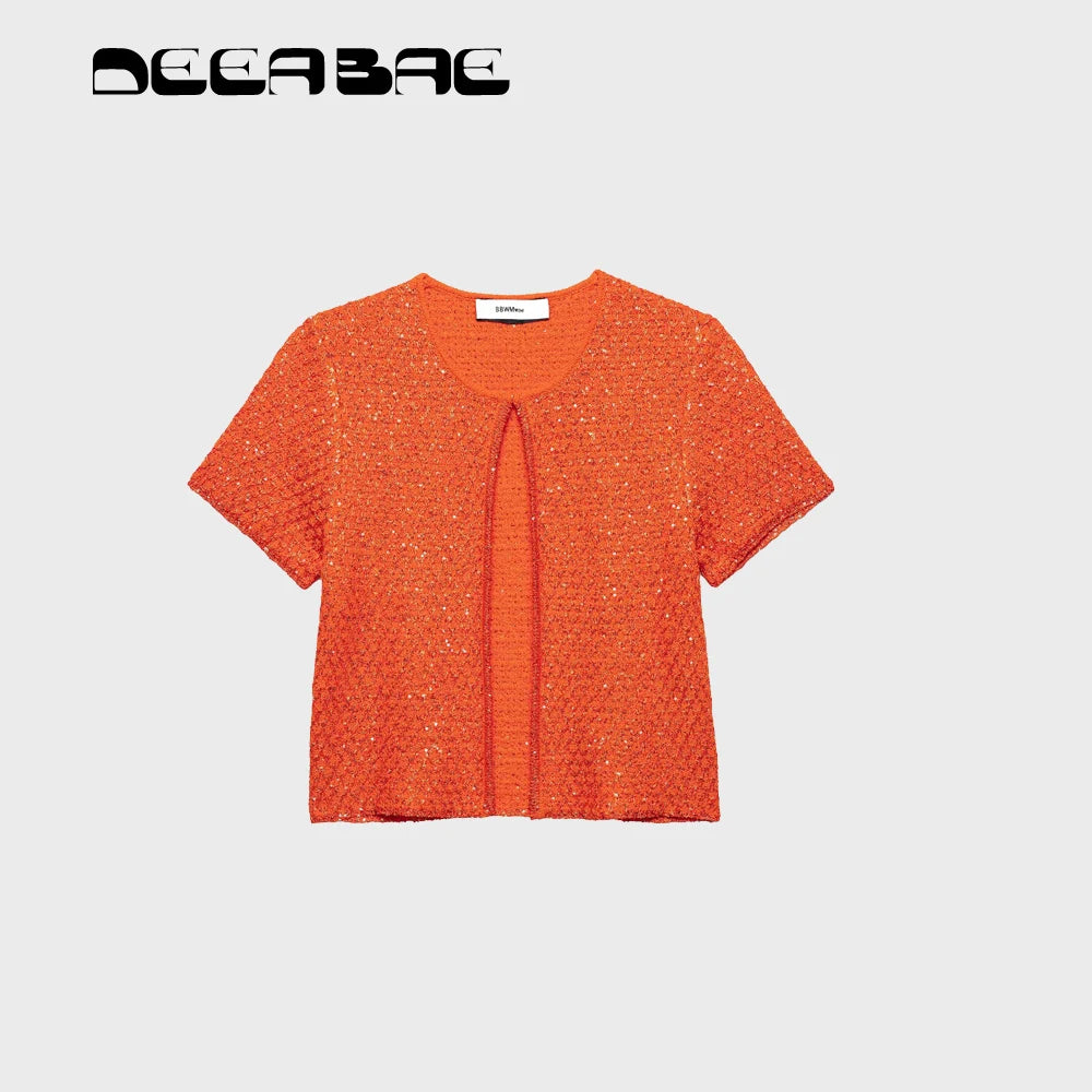 Simple Bead Decoration Round Neck Short Sleeve Knitted Top