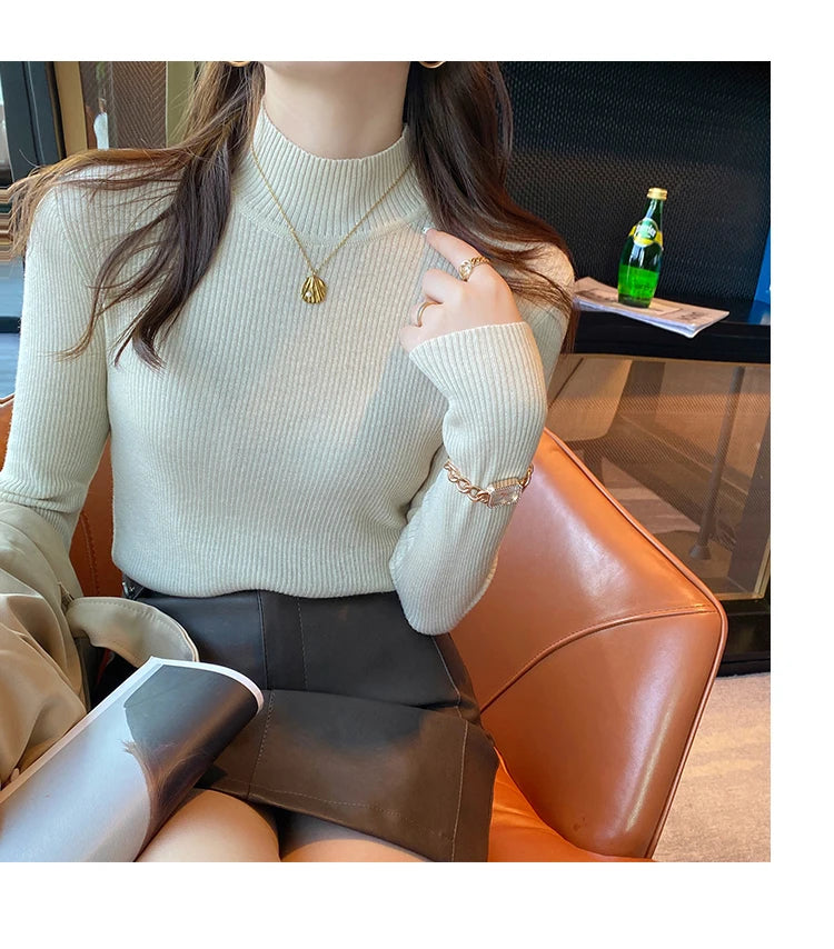 Autumn Winter Mock Neck Women Sweater Vintage