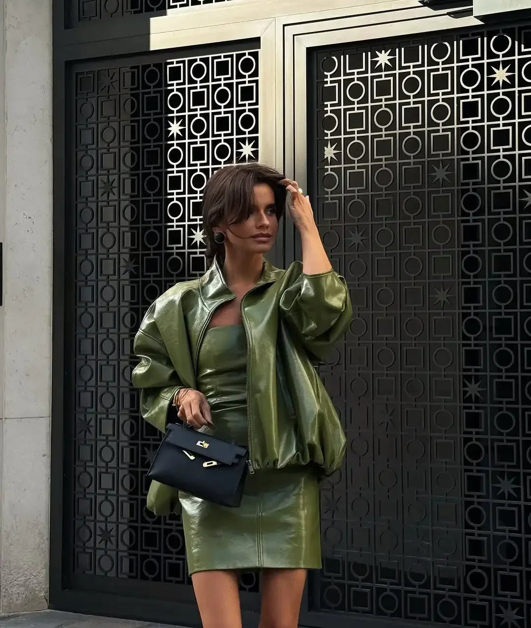 Olive Green Solid Leather Jacket
