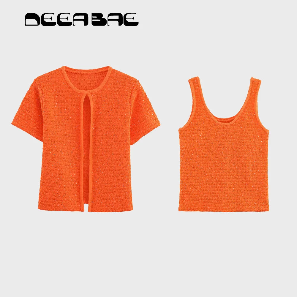 Simple Bead Decoration Round Neck Short Sleeve Knitted Top