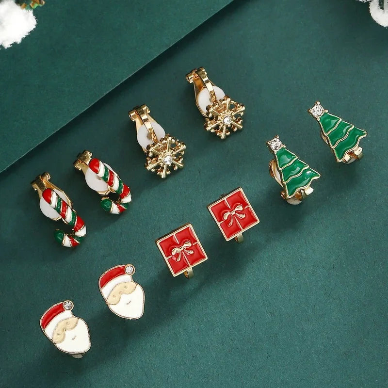 5 Pairs/Set Clip Earring for Women Small Cute Xmas Tree Snowflake Crutch Santa Claus