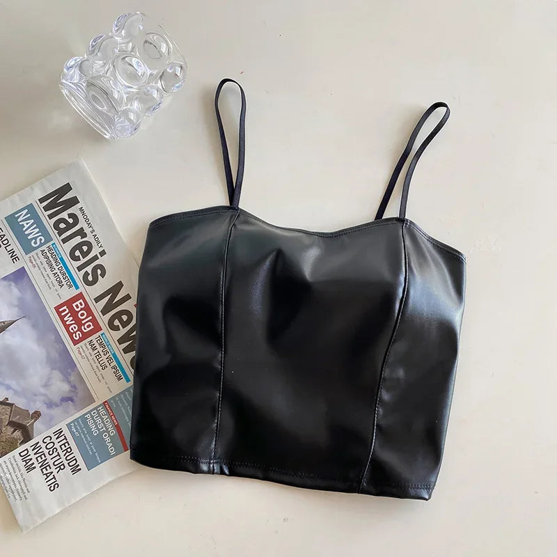 Women PU leather camis underwear padded bra