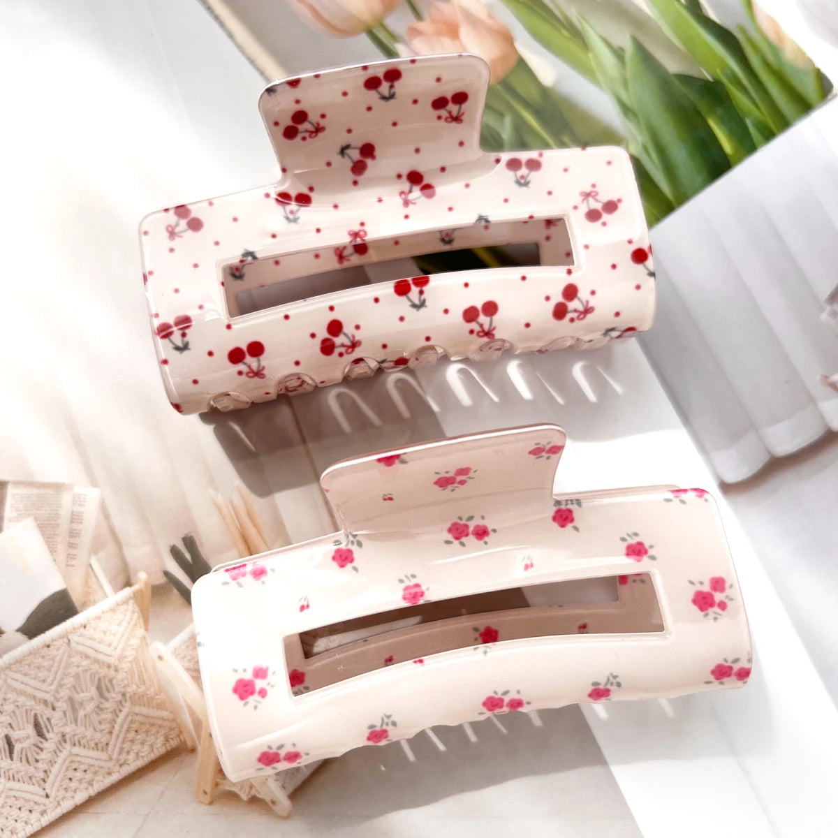 Pink Sweet Elegant Floral Cherry Hair Claw Clip Set