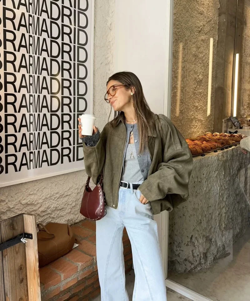 women's suede texture effect Loose version of fashion lapel shoulder bomber jacket
