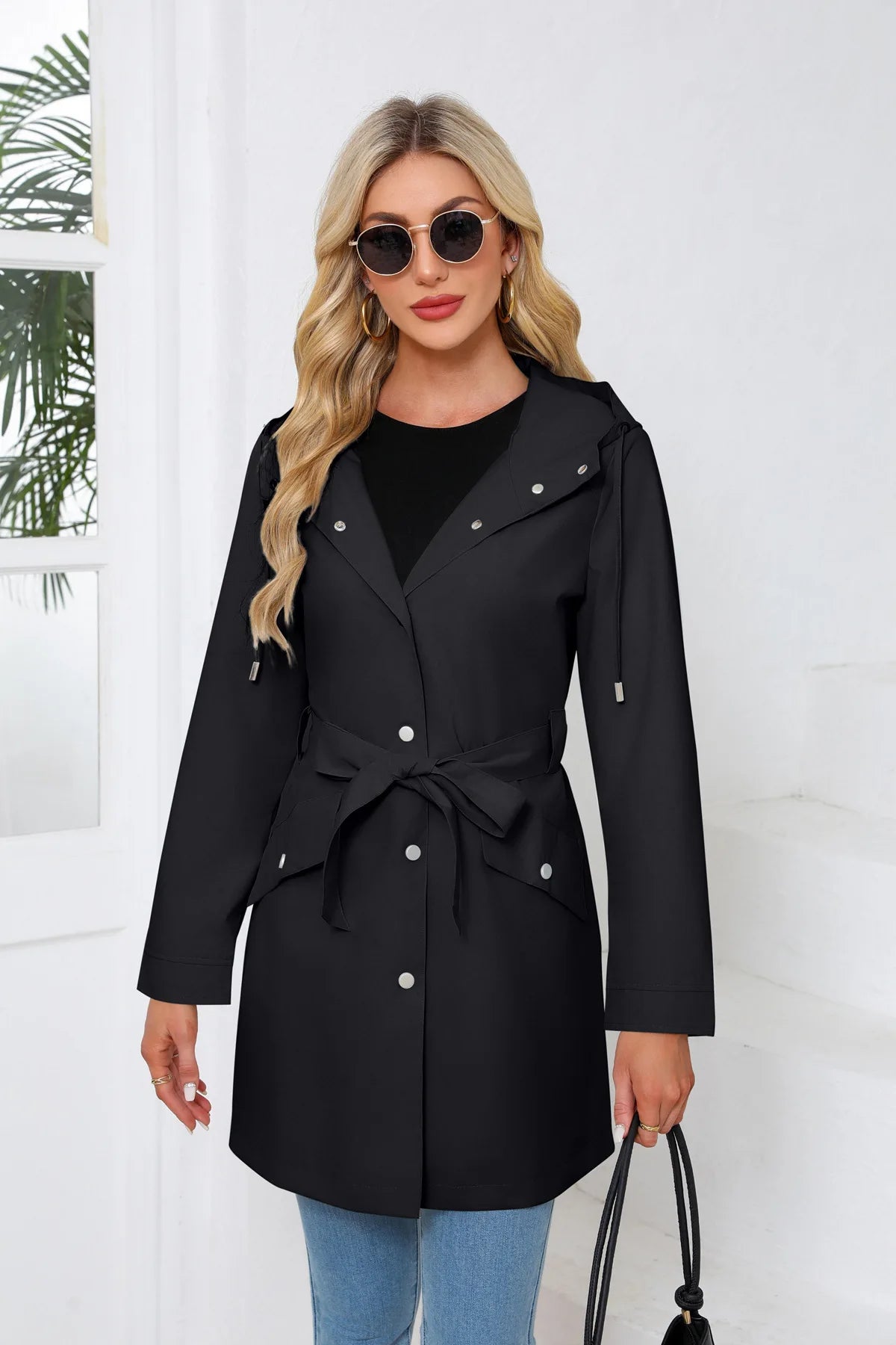 Hooded Water-repellent Jacket with Belt Thin Casual Loose Trench Coat