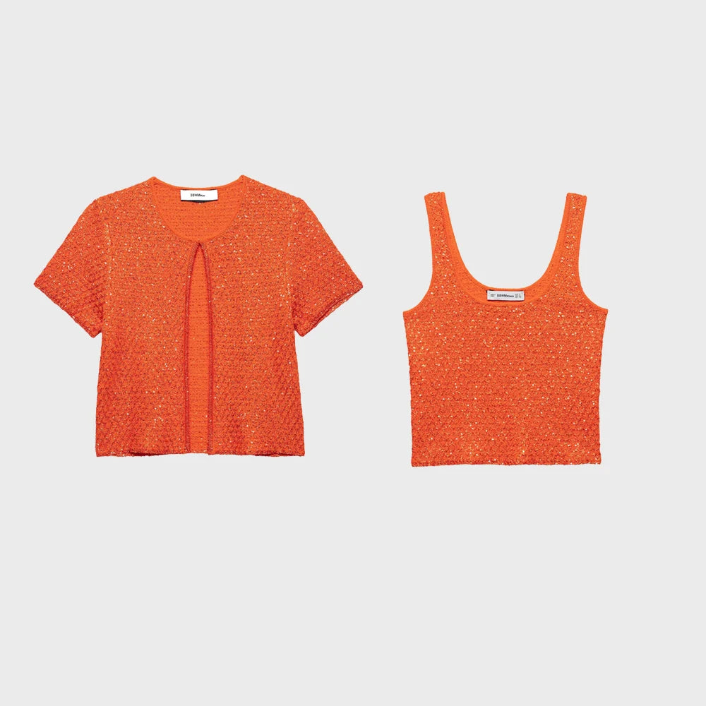 Simple Bead Decoration Round Neck Short Sleeve Knitted Top