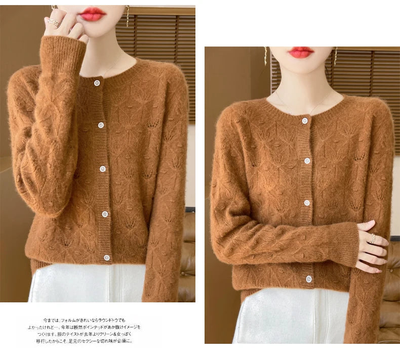Round Neck Hollowed Out 100 Wool Knitted Cardigan