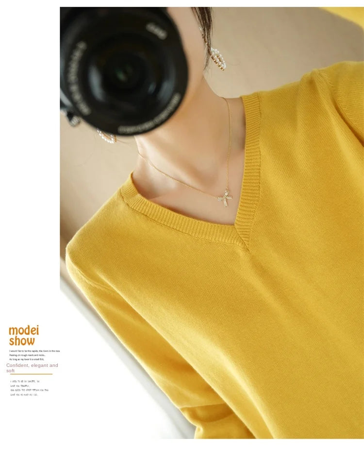 V-neck Knitted Sweater 100% Long Staple Cotton