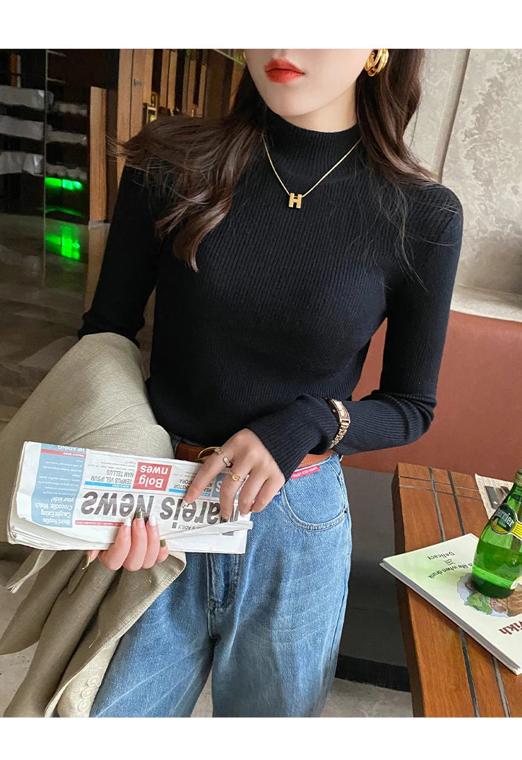 Autumn Winter Mock Neck Women Sweater Vintage