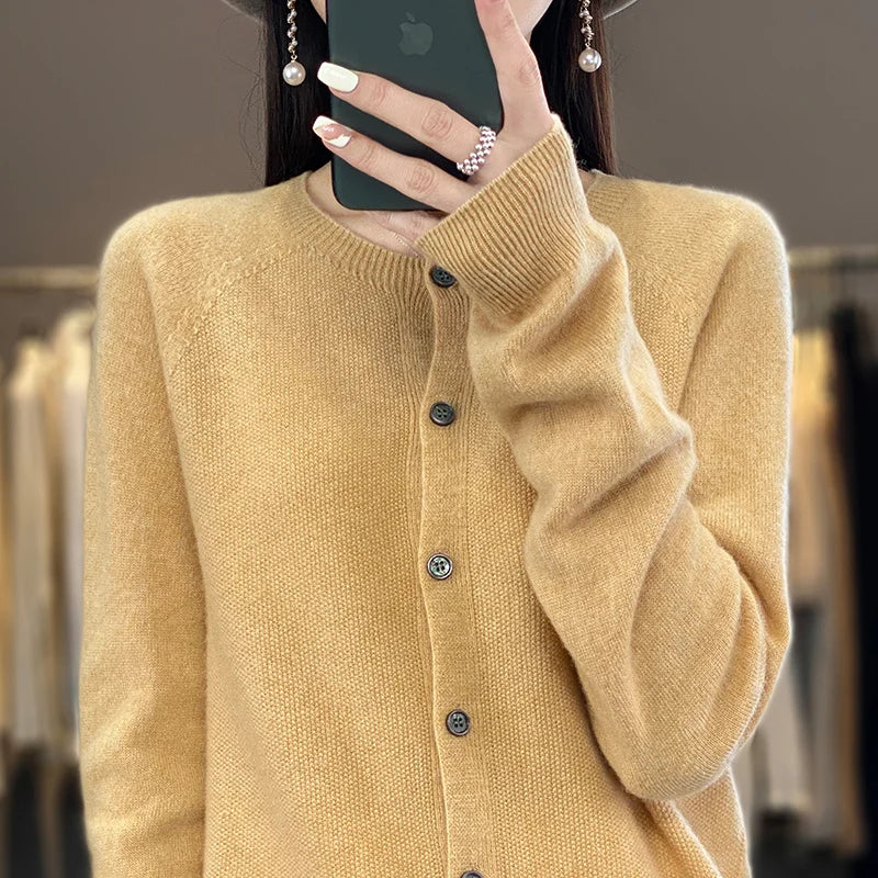 Cardigan Sweater O-Neck Button 100% Merino Wool