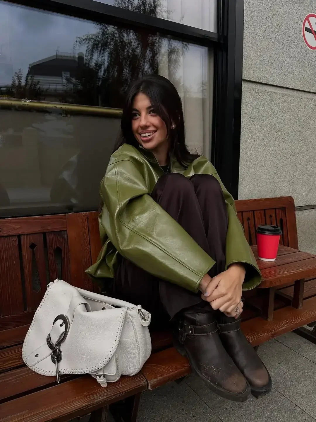 Olive Green Solid Leather Jacket