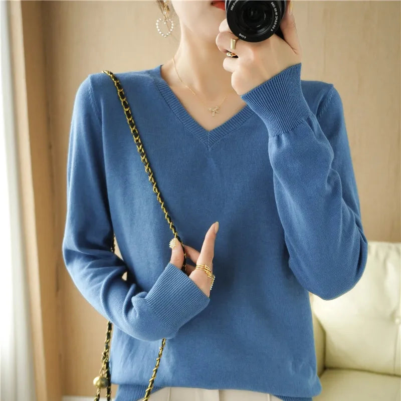 V-neck Knitted Sweater 100% Long Staple Cotton