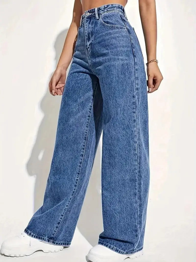 Wide-legged  High-waisted Straight Tube, Thin and Drape Jeans