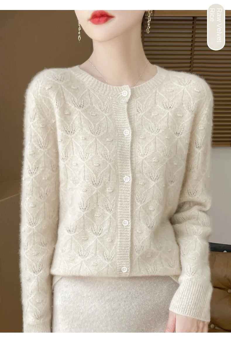 Round Neck Hollowed Out 100 Wool Knitted Cardigan