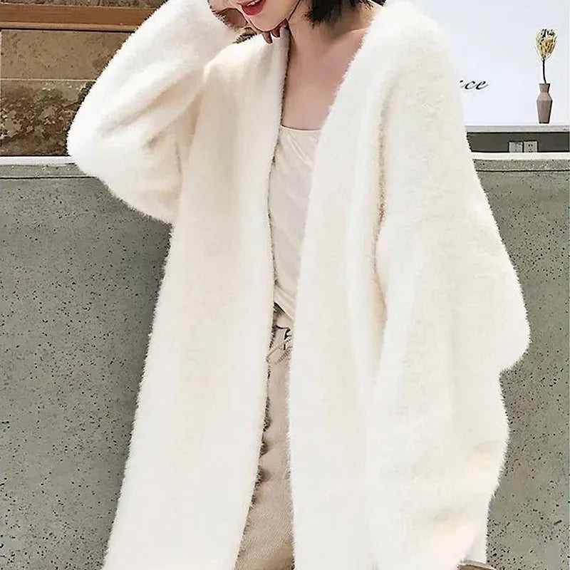 white Long Cardigan  Knitted fluffy long sleeve