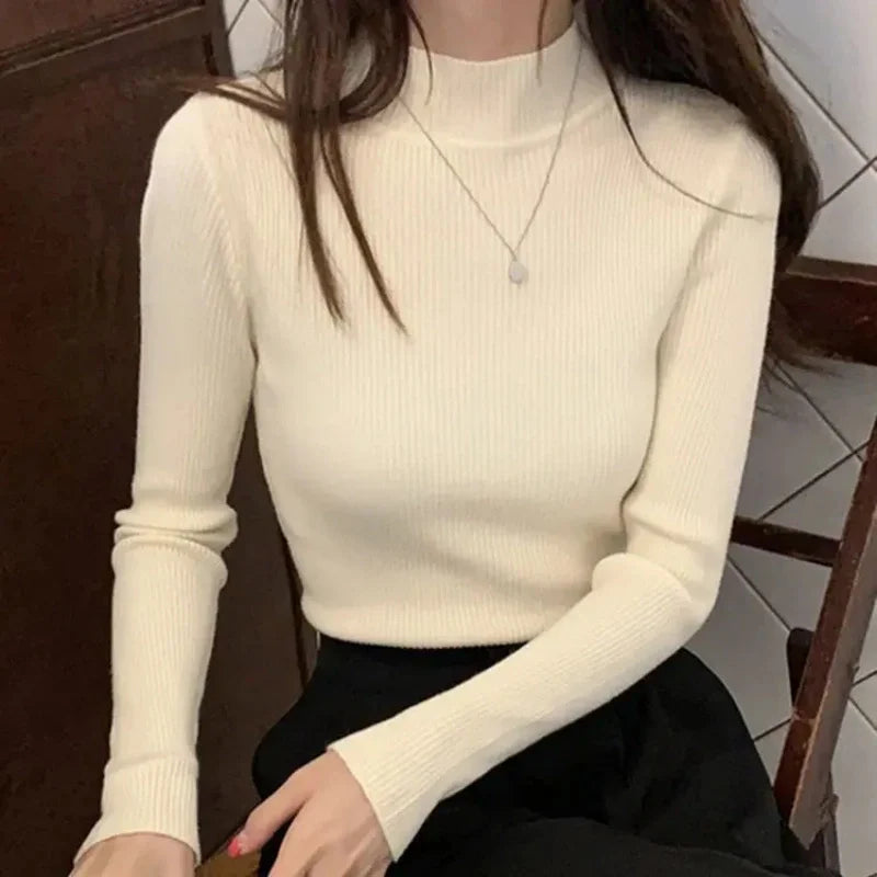 Autumn Winter Mock Neck Women Sweater Vintage Basic