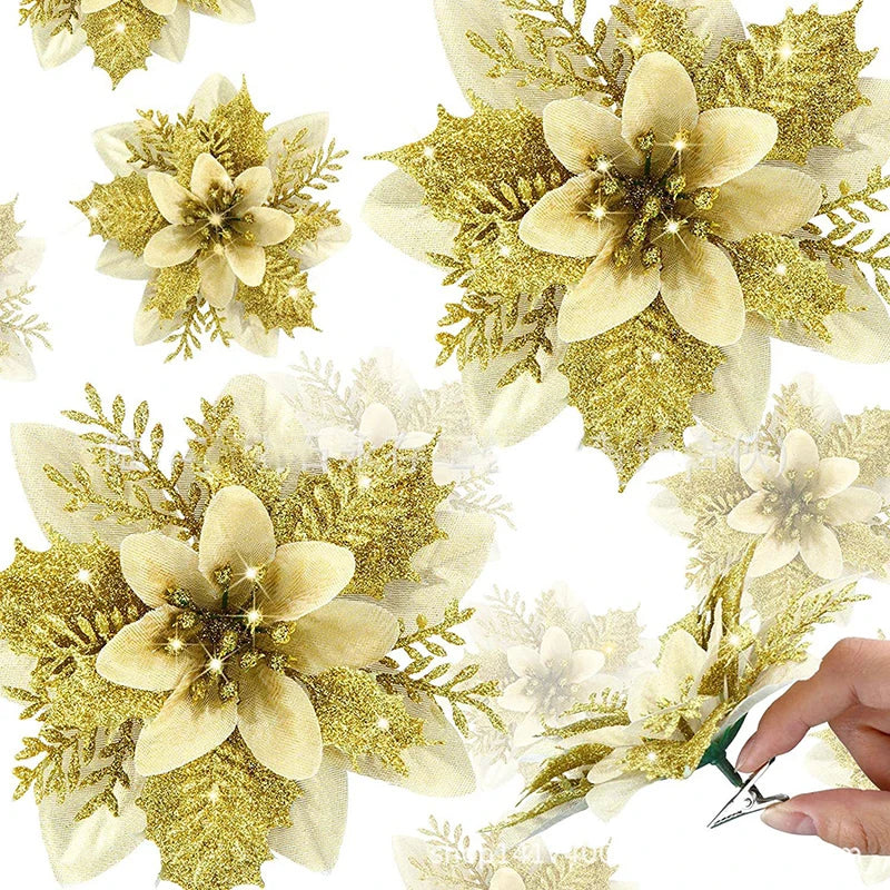 10/5/1pcs 14.5cm Glitter Artifical Christmas Flowers  Christmas Tree Decoration Happy New Year Ornaments Xmas Fake Flowers natal