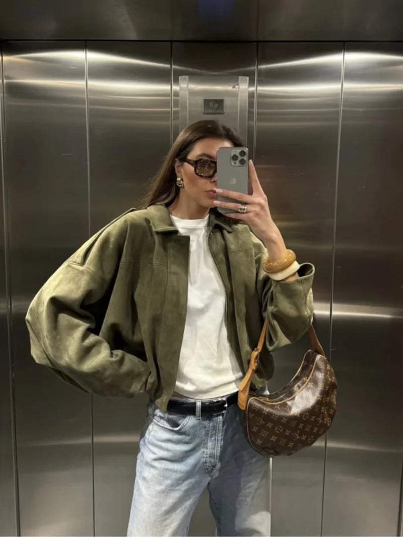 women's suede texture effect Loose version of fashion lapel shoulder bomber jacket