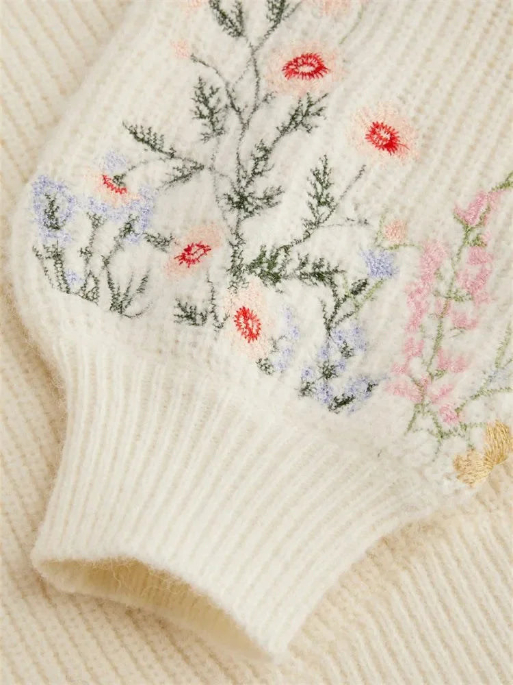 Casual Floral Embroidery Lantern Long Sleeve