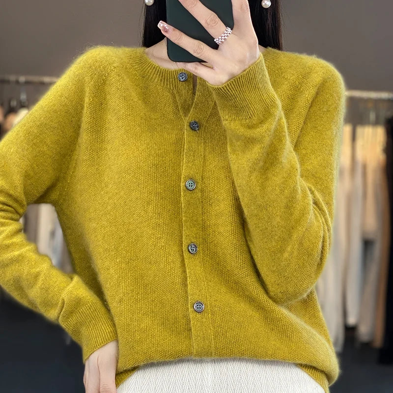 Cardigan Sweater O-Neck Button 100% Merino Wool