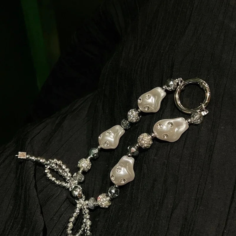 Luxury Pearl Crystal Bead Key Chains Charm Rhinestone Lanyard