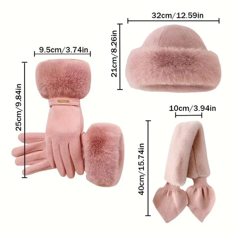 3Pcs Women Winter Warm Furry Hat Gloves Scarf Hat Set