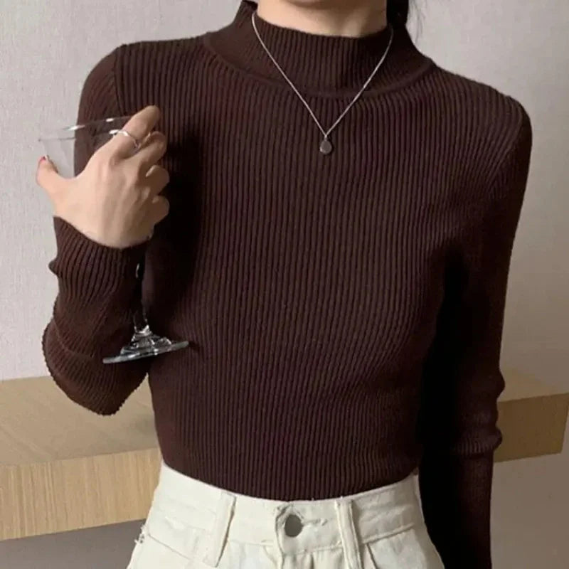 Autumn Winter Mock Neck Women Sweater Vintage Basic