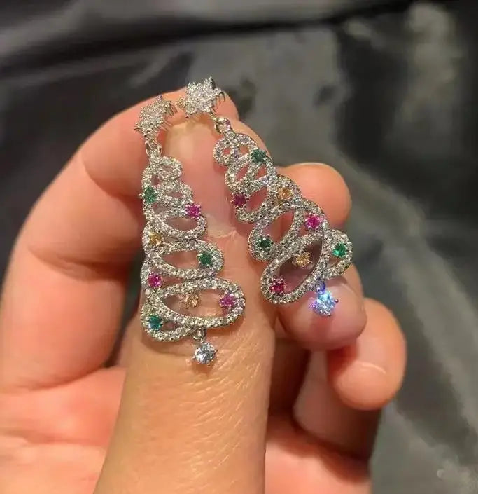 Zircon Christmas Tree Earrings Rhinestone Xmas Tree