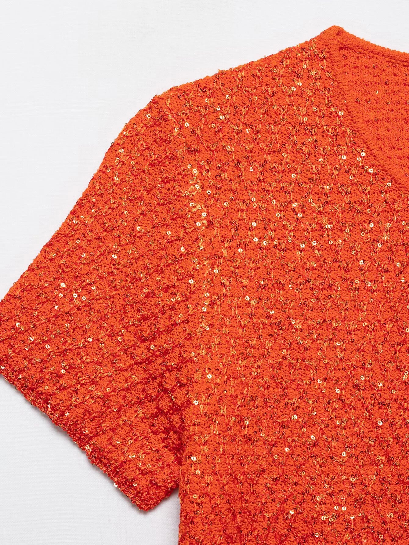 Simple Bead Decoration Round Neck Short Sleeve Knitted Top