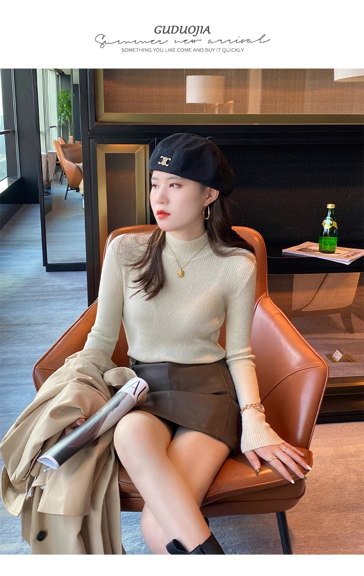 Autumn Winter Mock Neck Women Sweater Vintage