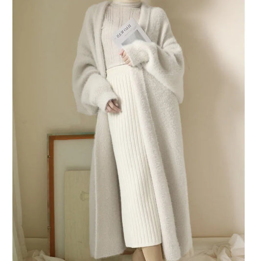white Long Cardigan  Knitted fluffy long sleeve
