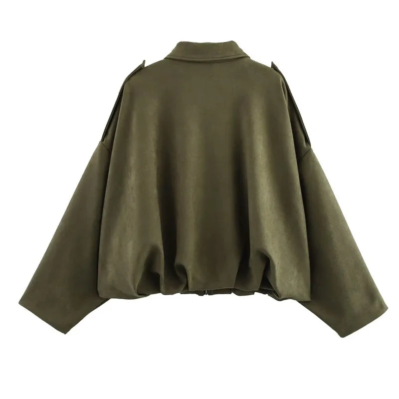 women's suede texture effect Loose version of fashion lapel shoulder bomber jacket