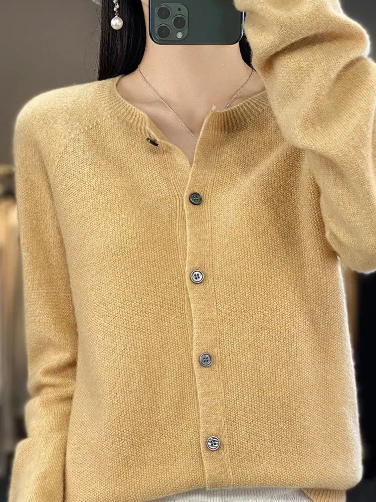 Cardigan Sweater O-Neck Button 100% Merino Wool
