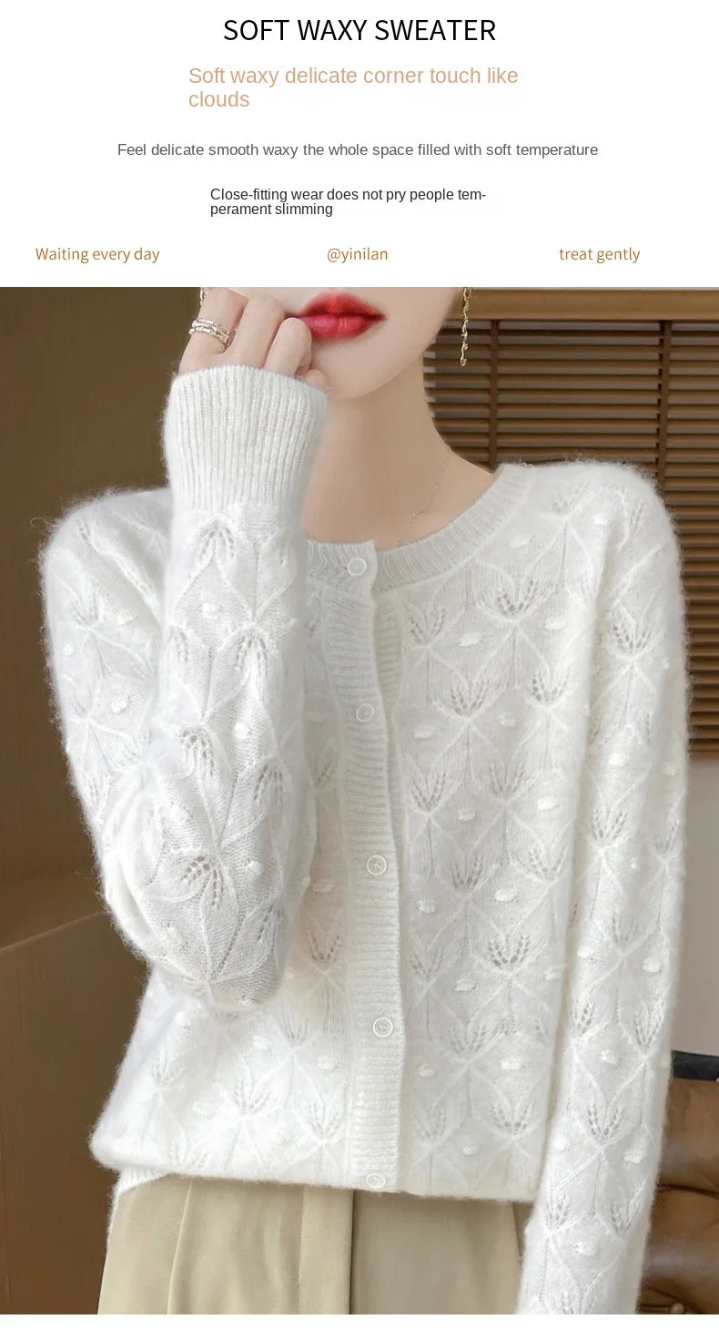 Round Neck Hollowed Out 100 Wool Knitted Cardigan