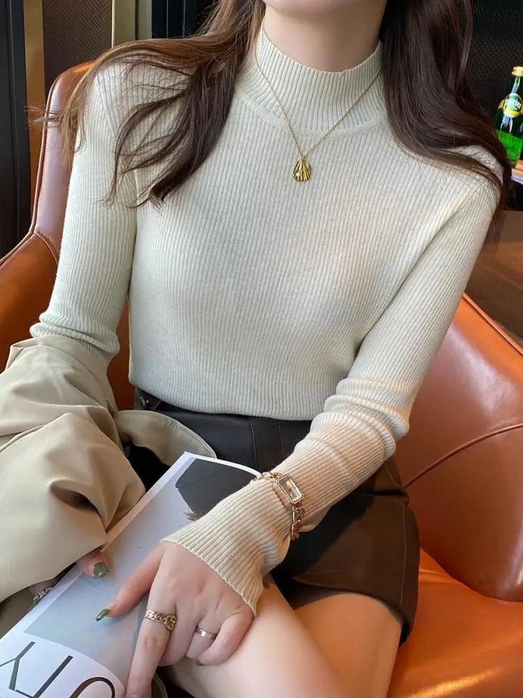 Autumn Winter Mock Neck Women Sweater Vintage